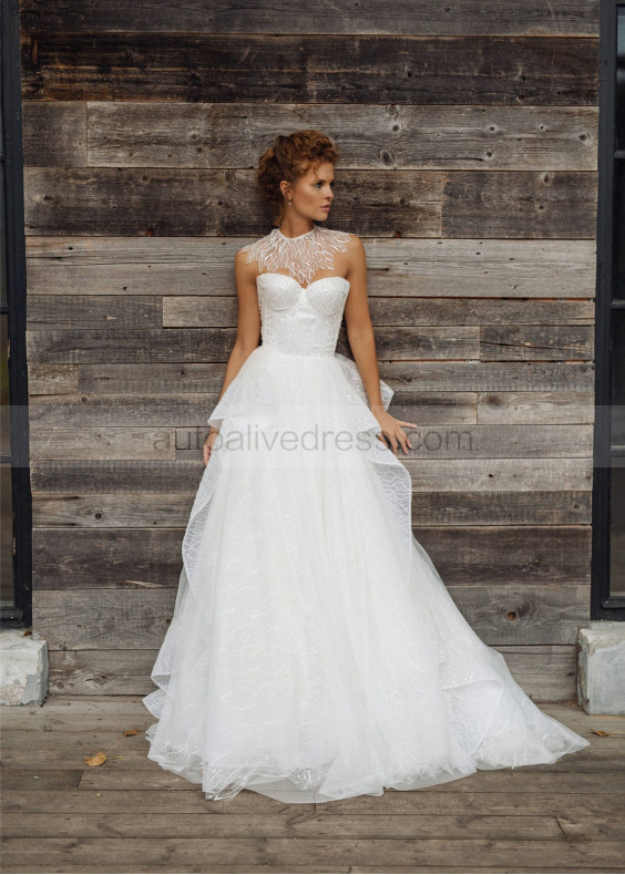 Beaded Ivory Tulle Wedding Dress With Detachable Collar Sleeve